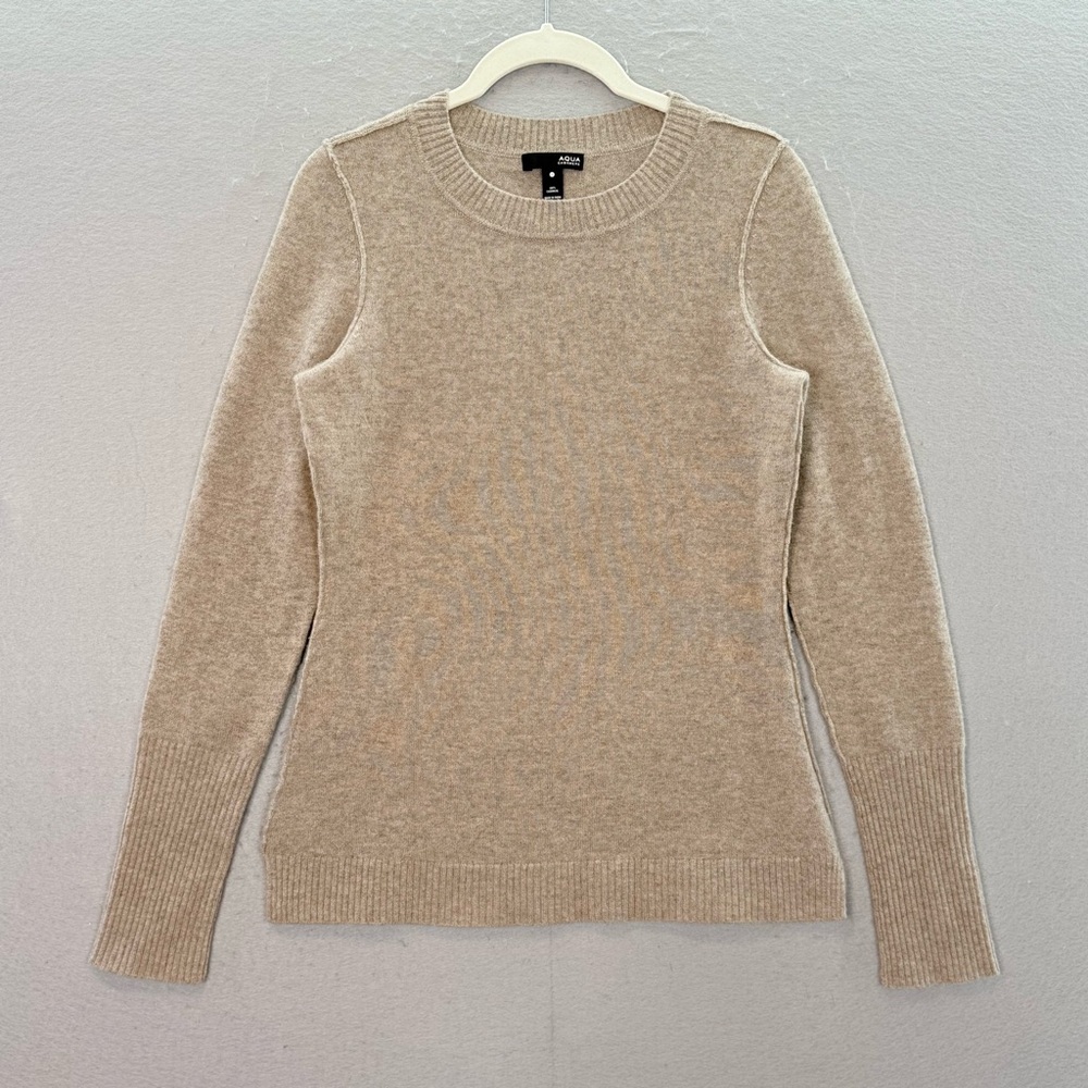 Aqua - women’s 100% Cashmere round neck sweater long sleeve slim fit sand top S